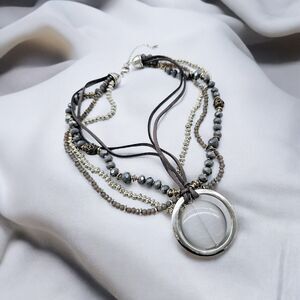 Floating Moon Statement Necklace Gray Leather Faceted Glass Bead Multi Strand